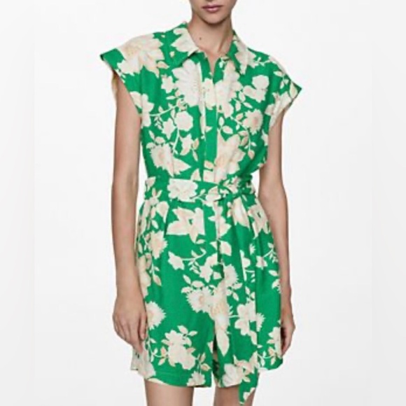 Mango Dresses & Skirts - Mango Green Floral-print jumpsuit with tie and side pockets size L 🔥